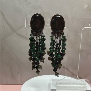 VTG Turquoise Onyx Heart Earrings Glass Beaded Dangle